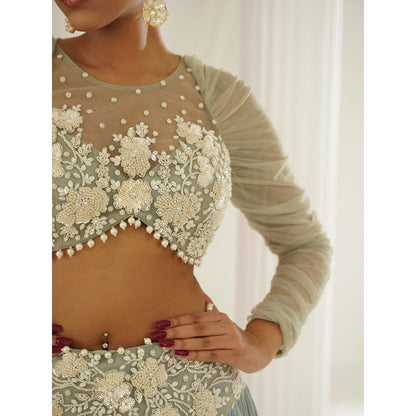 Kapda Dori Sage Green Embroidered Lehenga with Blouse and Dupatta (Set of 3)