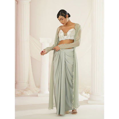 Kapda Dori Sage Green Embellished Blouse with Skirt and Long Cape (Set of 3)