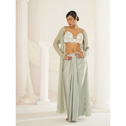 Kapda Dori Sage Green Embellished Blouse with Skirt and Long Cape (Set of 3)