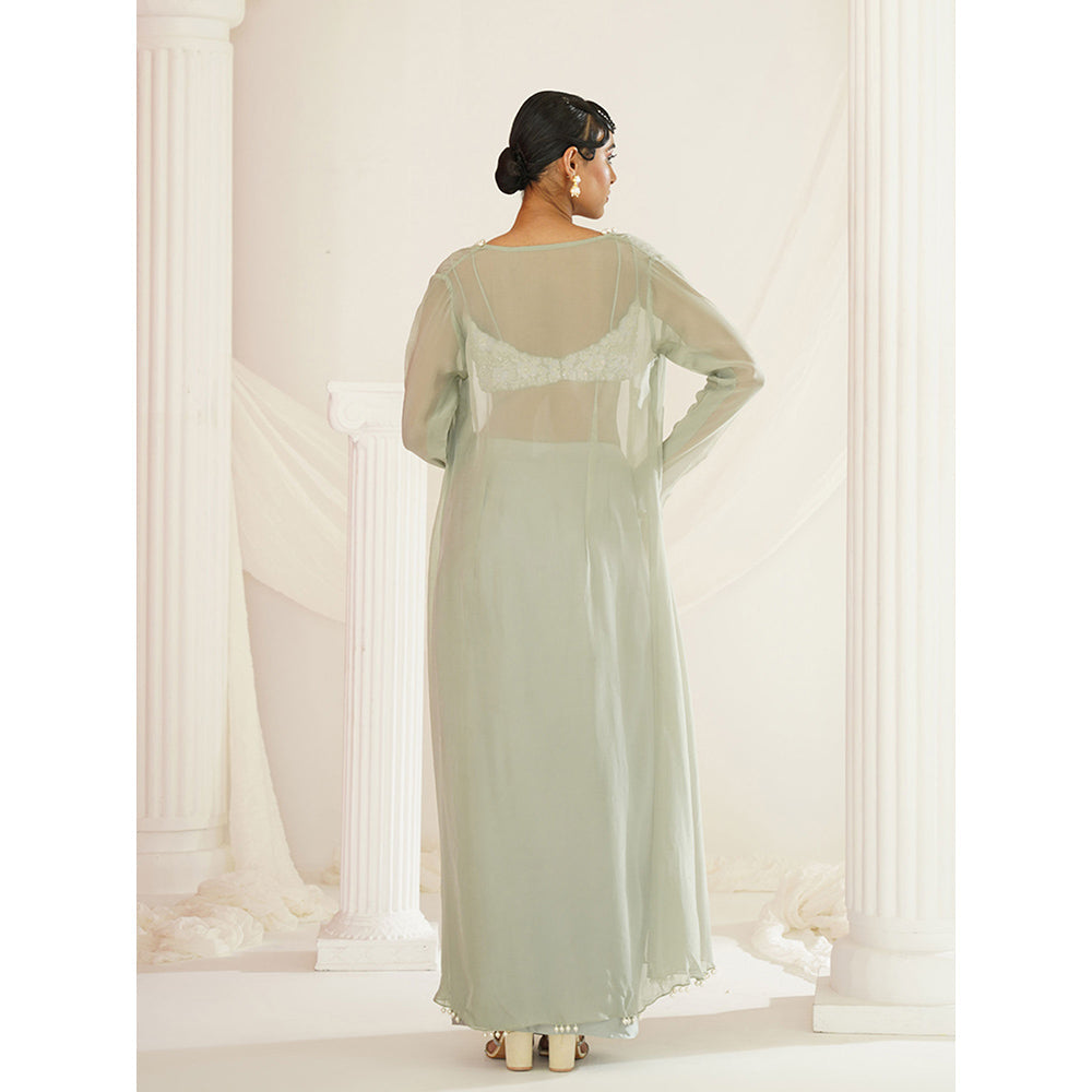 Kapda Dori Sage Green Embellished Blouse with Skirt and Long Cape (Set of 3)