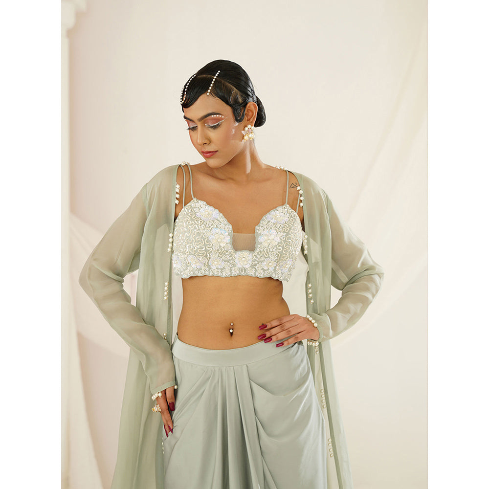 Kapda Dori Sage Green Embellished Blouse with Skirt and Long Cape (Set of 3)