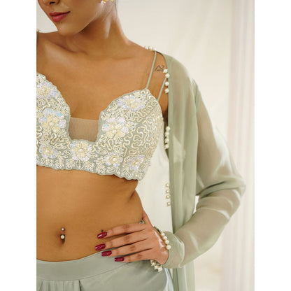 Kapda Dori Sage Green Embellished Blouse with Skirt and Long Cape (Set of 3)