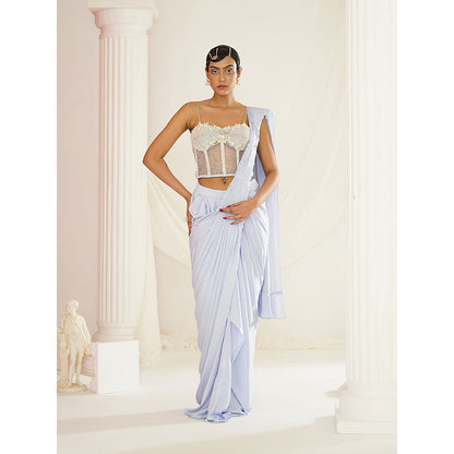 Kapda Dori Powder Blue Embroidered Pre-Draped Drape Saree with Stitched Blouse