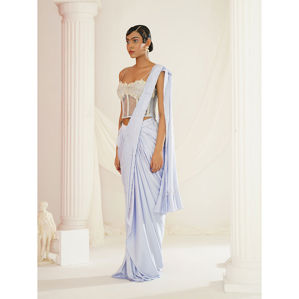 Kapda Dori Powder Blue Embroidered Pre-Draped Drape Saree with Stitched Blouse