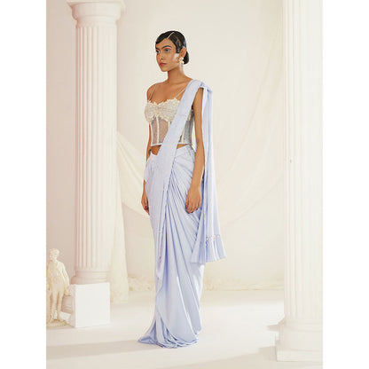 Kapda Dori Powder Blue Embroidered Pre-Draped Drape Saree with Stitched Blouse