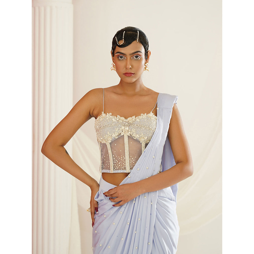 Kapda Dori Powder Blue Embroidered Pre-Draped Drape Saree with Stitched Blouse