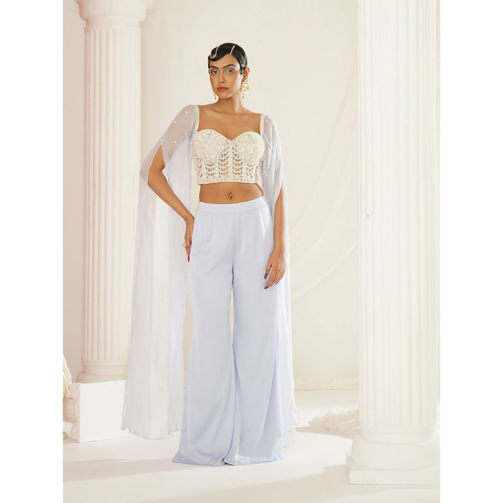 Kapda Dori Powder Blue Embellished Cape Sleeve Attached Blouse and Palazzo (Set of 2)