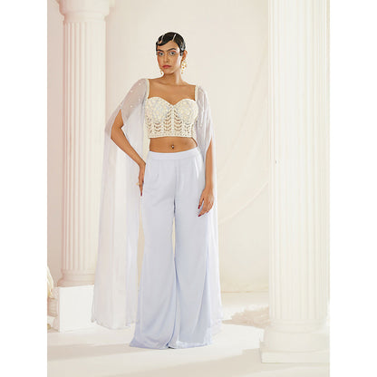 Kapda Dori Powder Blue Embellished Cape Sleeve Attached Blouse and Palazzo (Set of 2)