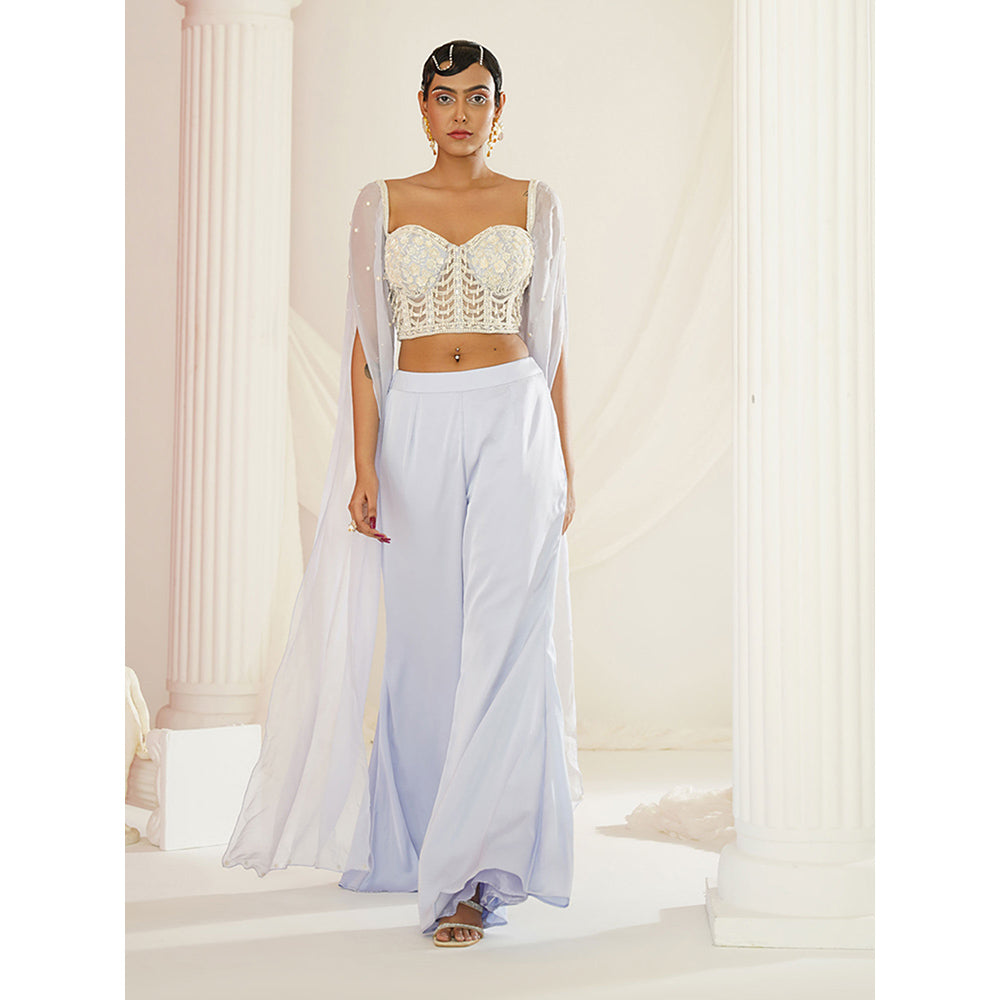 Kapda Dori Powder Blue Embellished Cape Sleeve Attached Blouse and Palazzo (Set of 2)