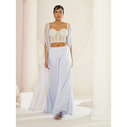 Kapda Dori Powder Blue Embellished Cape Sleeve Attached Blouse and Palazzo (Set of 2)