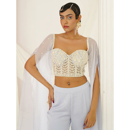Kapda Dori Powder Blue Embellished Cape Sleeve Attached Blouse and Palazzo (Set of 2)