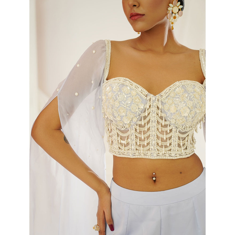 Kapda Dori Powder Blue Embellished Cape Sleeve Attached Blouse and Palazzo (Set of 2)