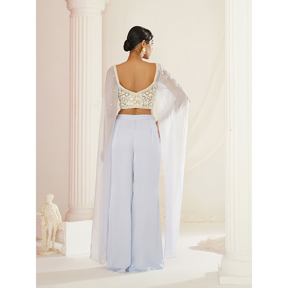 Kapda Dori Powder Blue Embellished Cape Sleeve Attached Blouse and Palazzo (Set of 2)