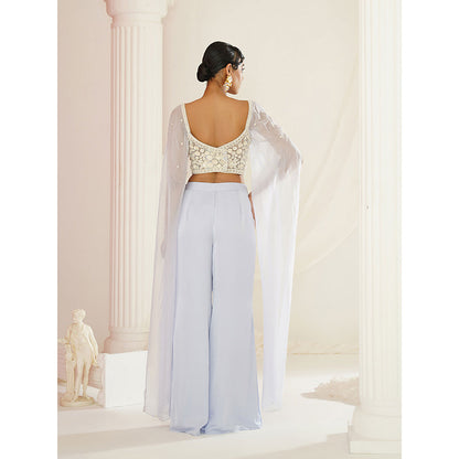 Kapda Dori Powder Blue Embellished Cape Sleeve Attached Blouse and Palazzo (Set of 2)