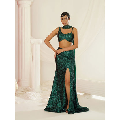 Kapda Dori Bottle Green Embellished Blouse with Skirt and Choker Dupatta (Set of 3)
