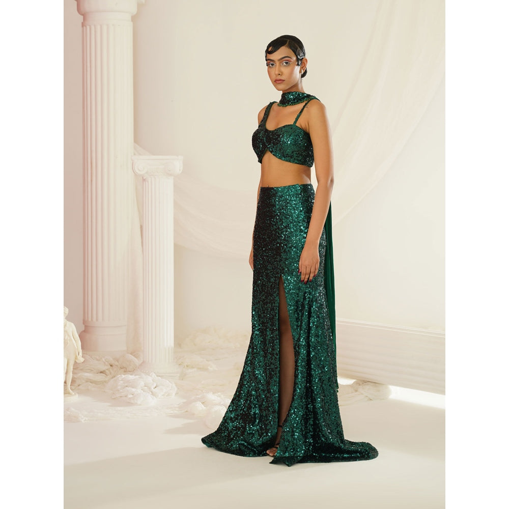 Kapda Dori Bottle Green Embellished Blouse with Skirt and Choker Dupatta (Set of 3)
