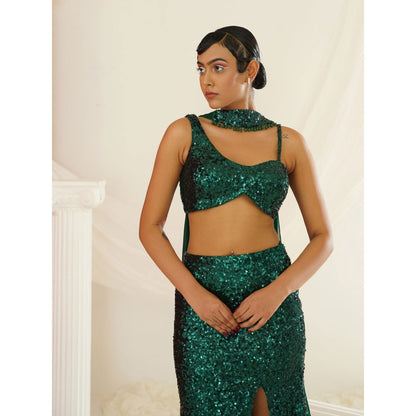 Kapda Dori Bottle Green Embellished Blouse with Skirt and Choker Dupatta (Set of 3)