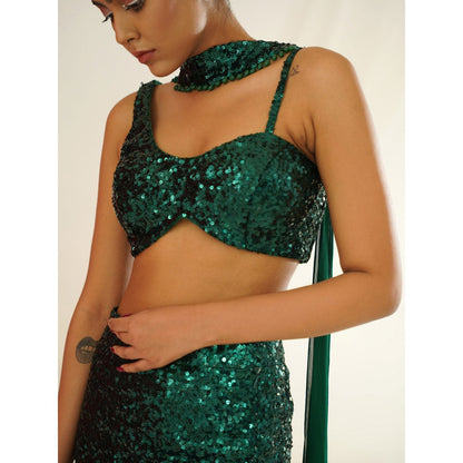 Kapda Dori Bottle Green Embellished Blouse with Skirt and Choker Dupatta (Set of 3)