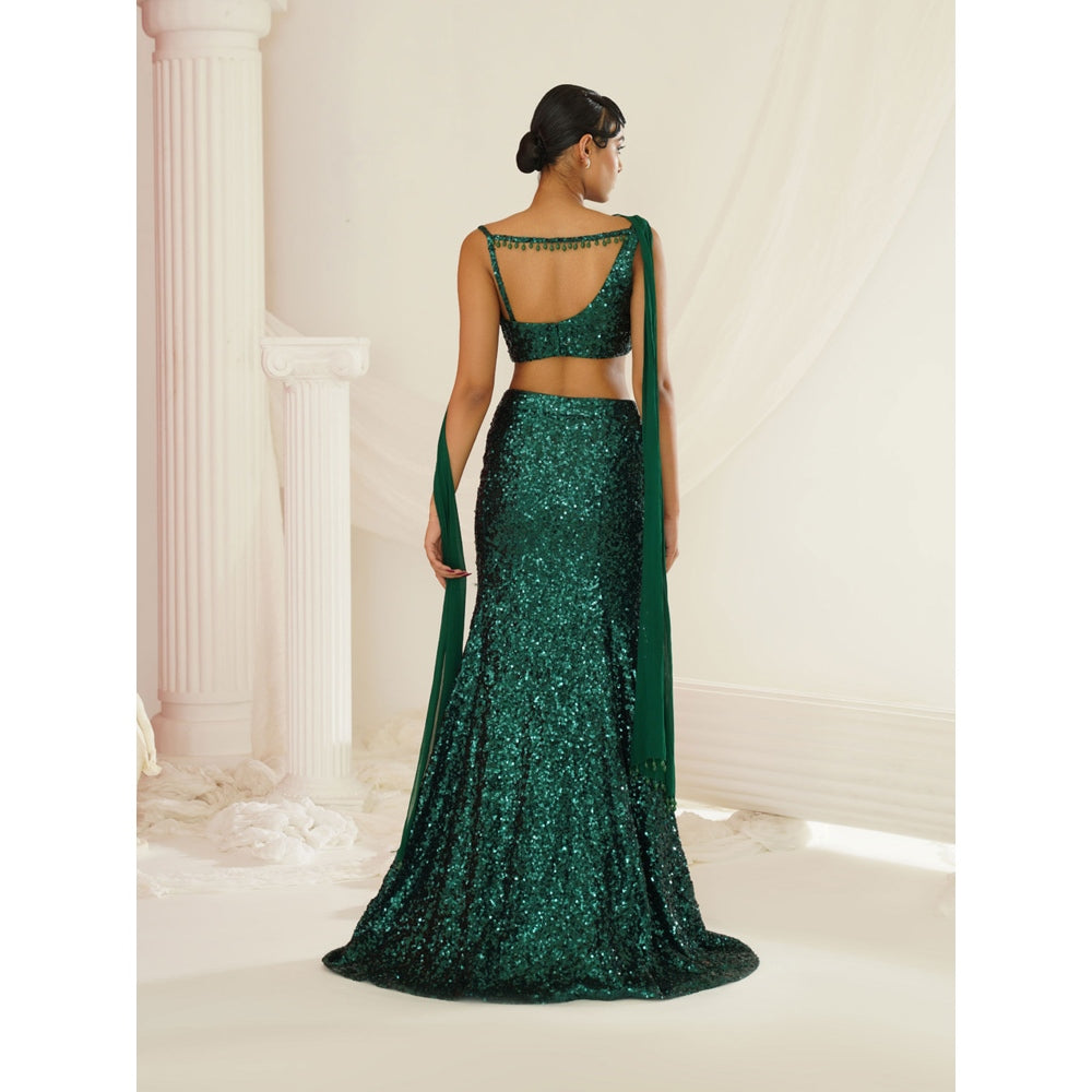 Kapda Dori Bottle Green Embellished Blouse with Skirt and Choker Dupatta (Set of 3)