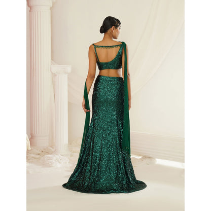 Kapda Dori Bottle Green Embellished Blouse with Skirt and Choker Dupatta (Set of 3)
