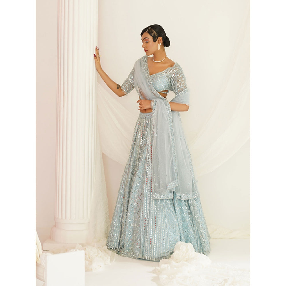 Kapda Dori Aqua Blue Embellished Blouse with Lehenga and Dupatta (Set of 3)