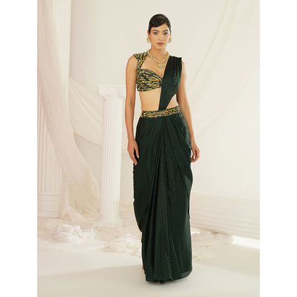 Kapda Dori Forest Green Embroidered Pre-Draped Saree with Stitched Blouse