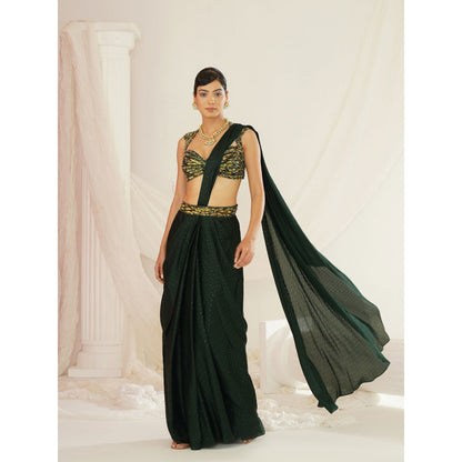 Kapda Dori Forest Green Embroidered Pre-Draped Saree with Stitched Blouse