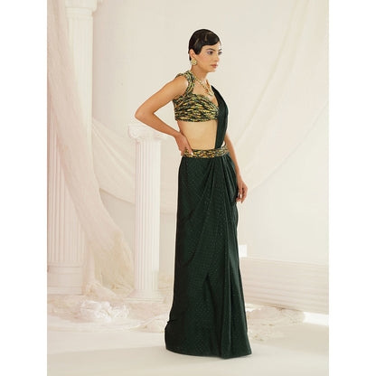 Kapda Dori Forest Green Embroidered Pre-Draped Saree with Stitched Blouse