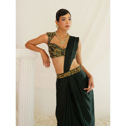 Kapda Dori Forest Green Embroidered Pre-Draped Saree with Stitched Blouse