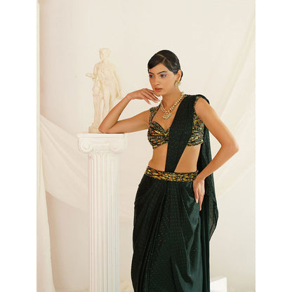 Kapda Dori Forest Green Embroidered Pre-Draped Saree with Stitched Blouse