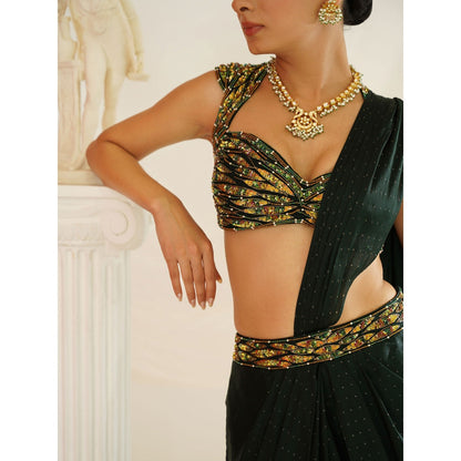 Kapda Dori Forest Green Embroidered Pre-Draped Saree with Stitched Blouse