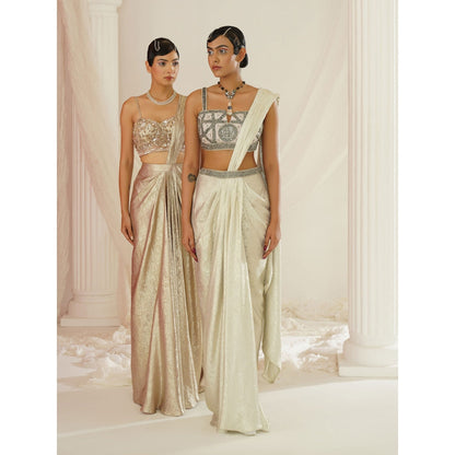 Kapda Dori Ivory Embroidered Pre-Draped Saree with Stitched Blouse