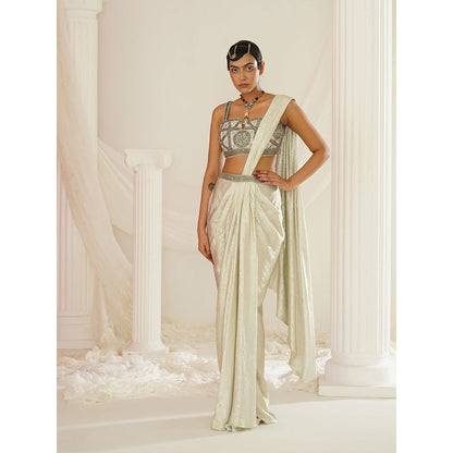 Kapda Dori Ivory Embroidered Pre-Draped Saree with Stitched Blouse