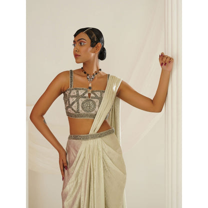 Kapda Dori Ivory Embroidered Pre-Draped Saree with Stitched Blouse