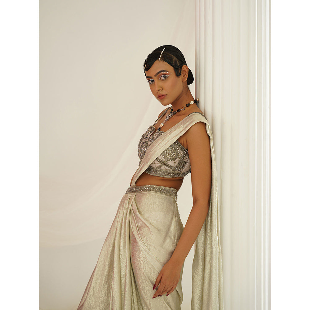 Kapda Dori Ivory Embroidered Pre-Draped Saree with Stitched Blouse
