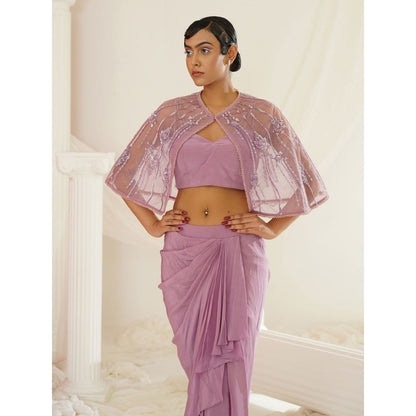 Kapda Dori Lavender Embroidered Blouse with Skirt and Cape (Set of 3)