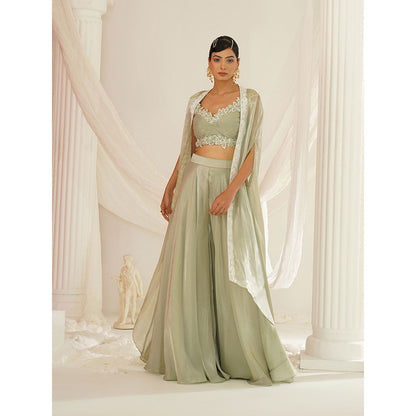 Kapda Dori Sage Green Embroidered Sharara with Blouse and Cape (Set of 3)