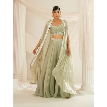 Kapda Dori Sage Green Embroidered Sharara with Blouse and Cape (Set of 3)