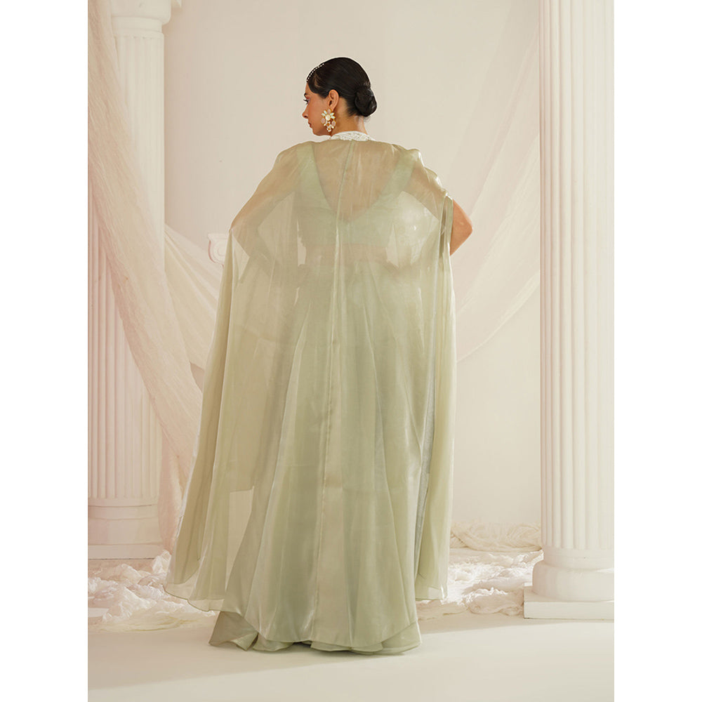 Kapda Dori Sage Green Embroidered Sharara with Blouse and Cape (Set of 3)