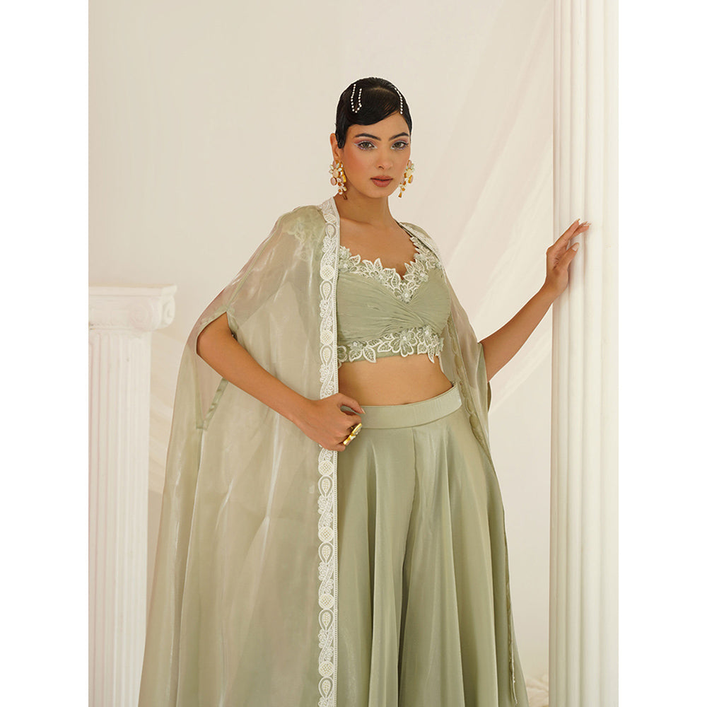 Kapda Dori Sage Green Embroidered Sharara with Blouse and Cape (Set of 3)