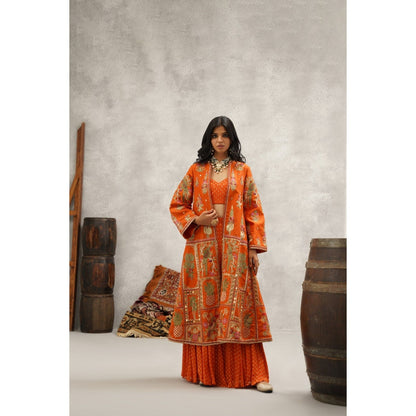 Kapda Dori Orange Embroidered Jacket with Crop Top and Sharara (Set of 3)