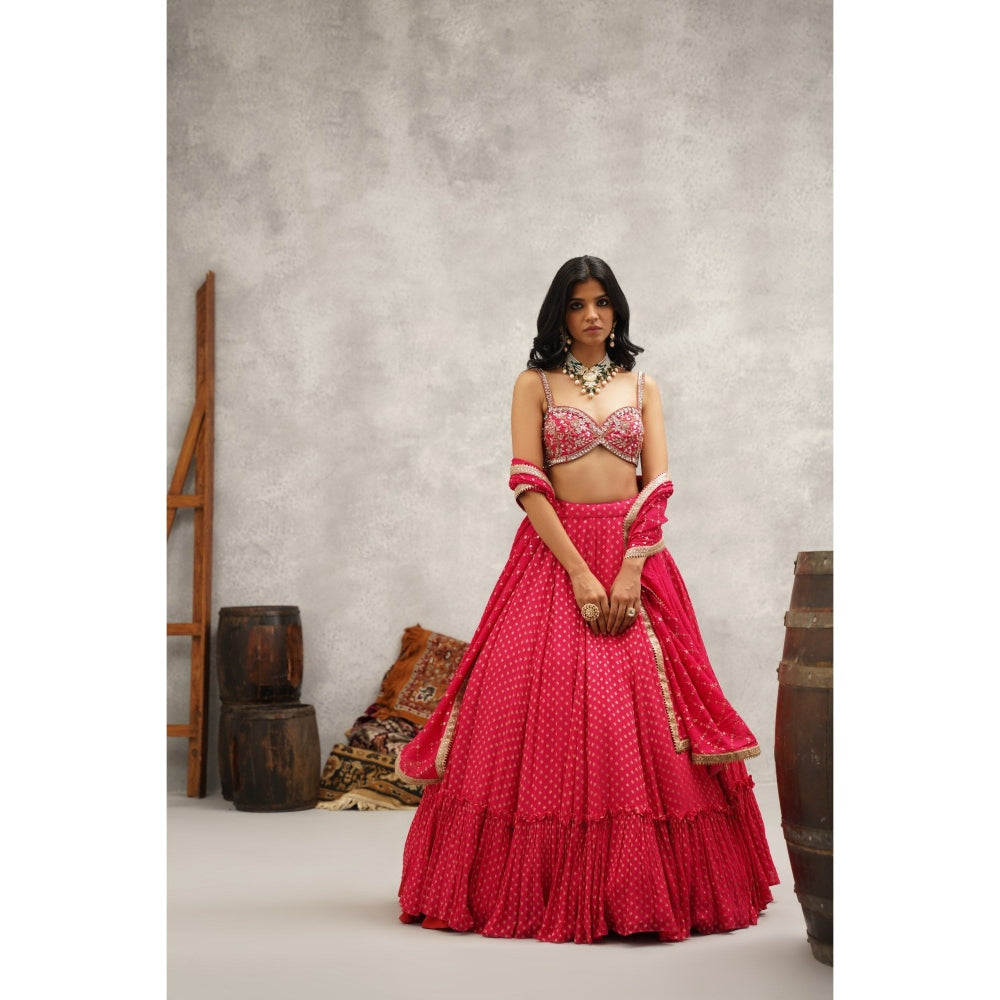 Kapda Dori Pink Embroidered Banarsi Georgette Blouse with Lehenga and Dupatta (Set of 3)