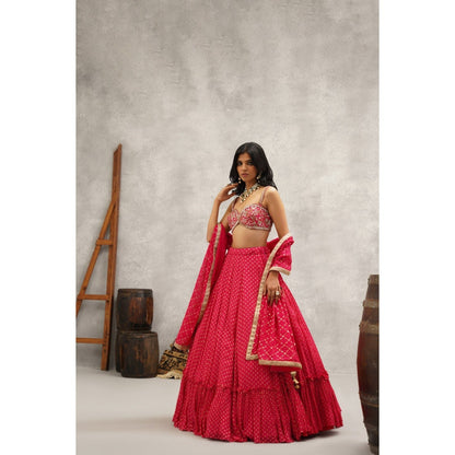Kapda Dori Pink Embroidered Banarsi Georgette Blouse with Lehenga and Dupatta (Set of 3)