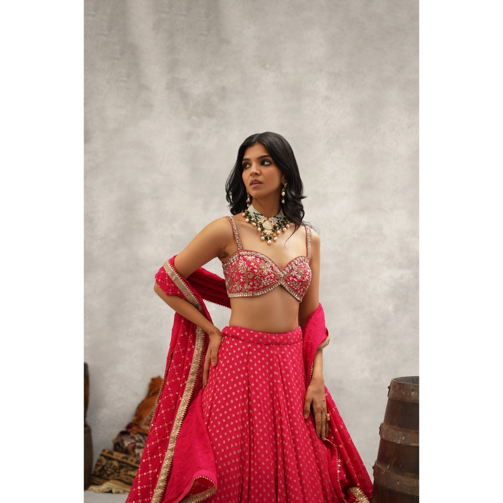 Kapda Dori Pink Embroidered Banarsi Georgette Blouse with Lehenga and Dupatta (Set of 3)