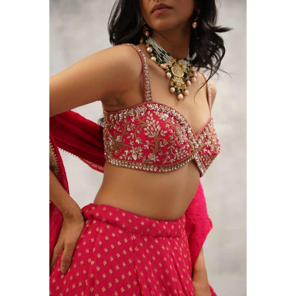 Kapda Dori Pink Embroidered Banarsi Georgette Blouse with Lehenga and Dupatta (Set of 3)