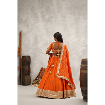 Kapda Dori Orange Embroidered Blouse with Lehenga and Dupatta (Set of 3)