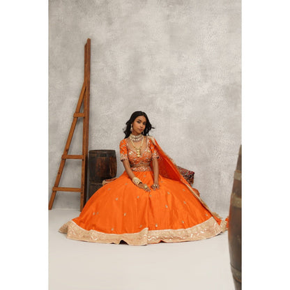 Kapda Dori Orange Embroidered Blouse with Lehenga and Dupatta (Set of 3)