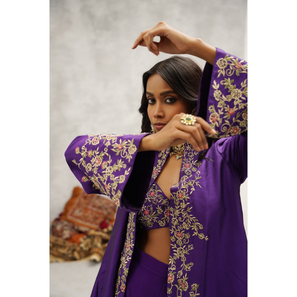 Kapda Dori Purple Embroidered Jacket with Bustier and Sharara (Set of 3)