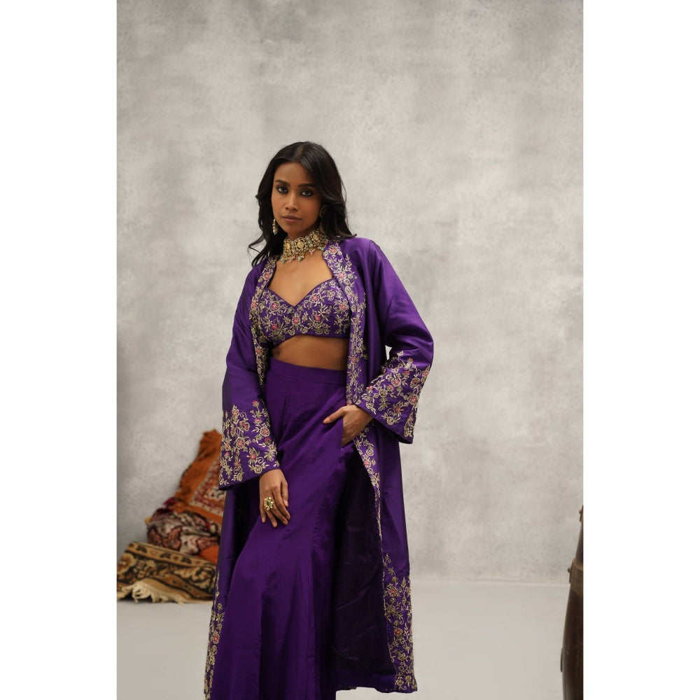 Kapda Dori Purple Embroidered Jacket with Bustier and Sharara (Set of 3)