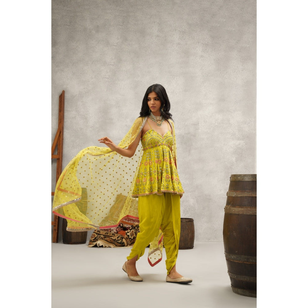 Kapda Dori Lime Green Embroidered Peplum Top with Dhoti and Dupatta (Set of 3)